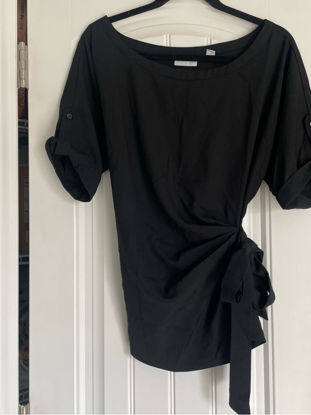 New York & Company Black Top Large Side Tie Bateau Neck Short Sleeve